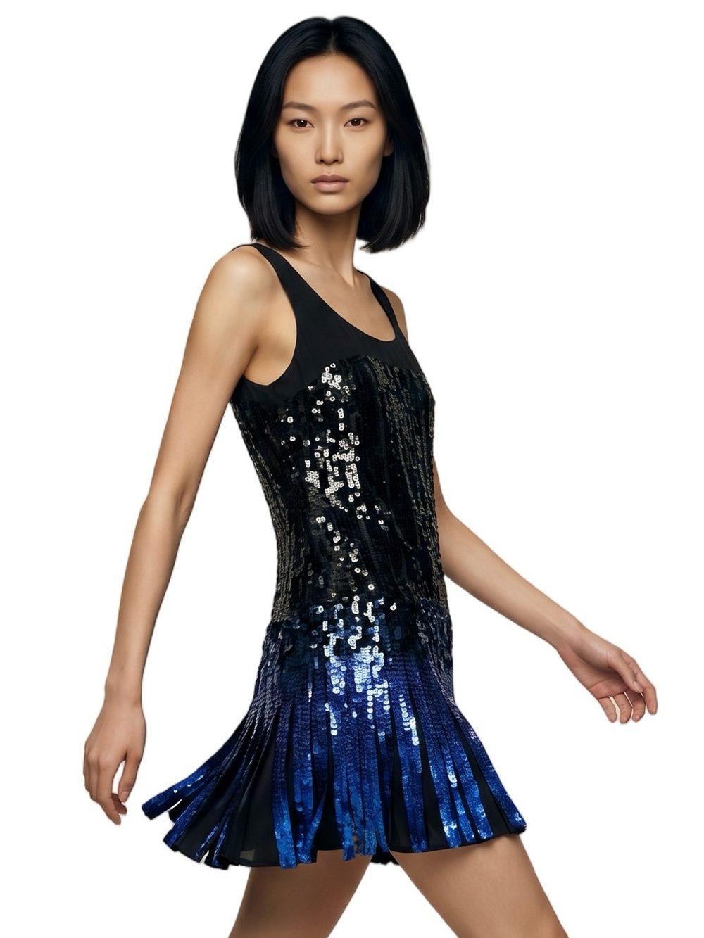 ANNA SUI Black Blue Sequin Pleats Mini Dress Flapper Scoop neck Sleeveless VTG